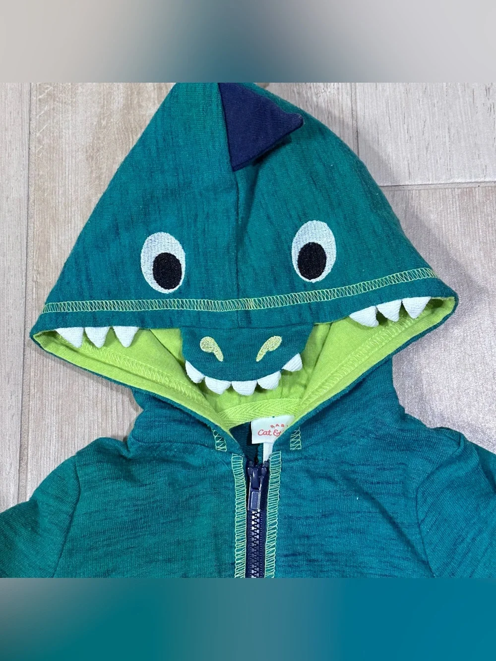 Kids Teal Dinosaur Hooded Zip-Up Sweatshirt
